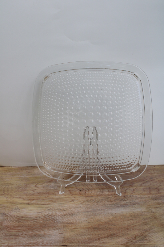 vintage cake plate, square clear glass hobnail tray to hold a cake cover