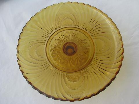 vintage cake stand, pressed pattern glass pedestal plate, amber glass