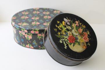vintage cake tins, Victorian style floral prints on black, shabby cottage decor