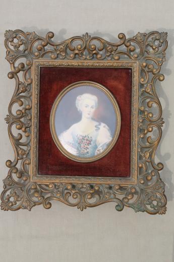 vintage cameo creation lady portraits, ornate gold framed bubble glass prints set on velvet