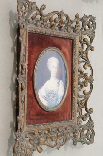 vintage cameo creation lady portraits, ornate gold framed bubble glass prints set on velvet