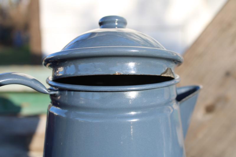 vintage camp coffee pot, storm grey enamel ware steel coffeepot for stovetop