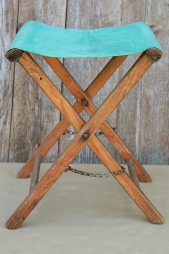 vintage camp fire camping  or fishing stools, old folding wood stools w/ canvas seats