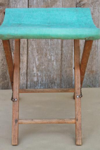 vintage camp fire camping  or fishing stools, old folding wood stools w/ canvas seats