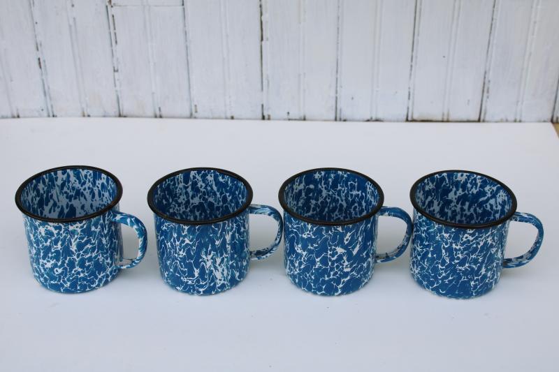 vintage camp mugs, blue and white splatter ware enamel ware metal cups, nice for camping 