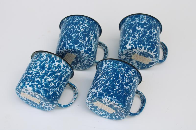 vintage camp mugs, blue and white splatter ware enamel ware metal cups, nice for camping 