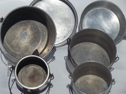 vintage campfire cookware & coffee pot set, packable camping mess kit for a crowd