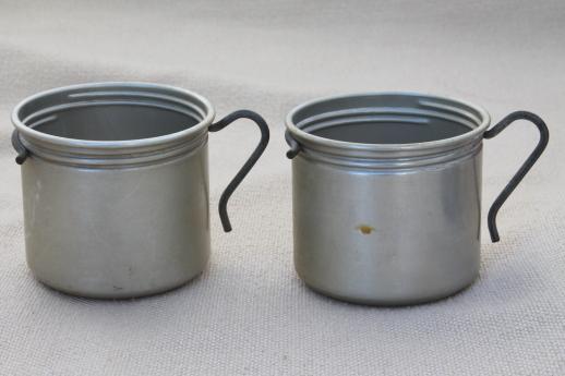 vintage camping cups, red bakelite or early plastic Aladdin thermos caps & aluminum mugs