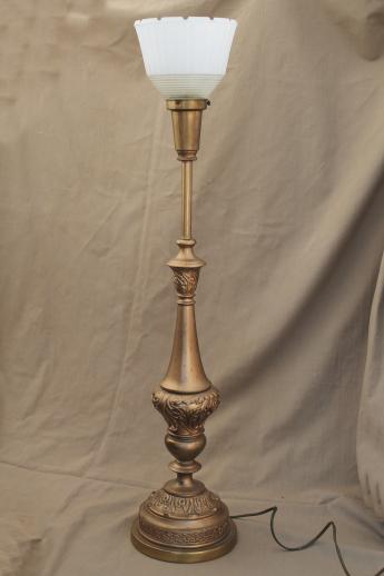 vintage candlestick lamp w/ glass torchiere shade, ornate gold cast metal spelter lamp