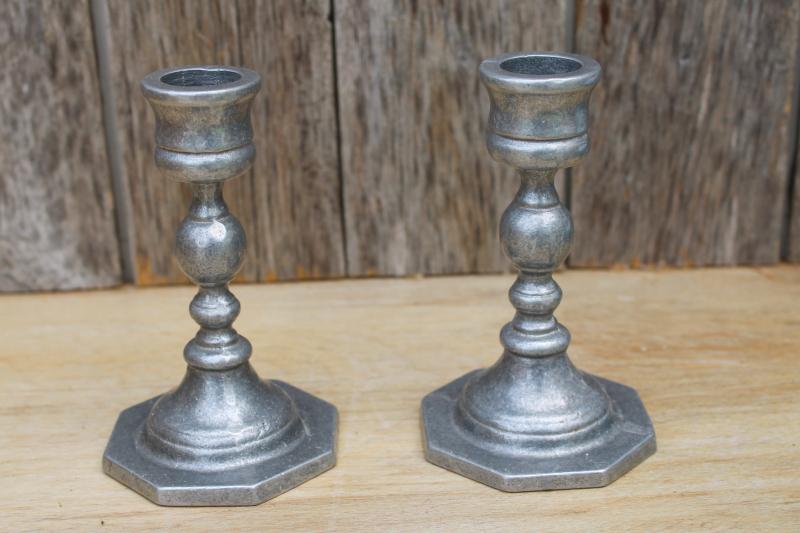 vintage candlesticks, unmarked armetale type pewter metal pair of candle holders