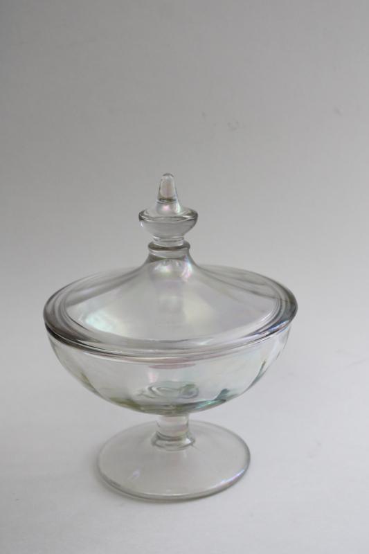 vintage candy dish / lid, opal white iridescent stretch glass or carnival glass