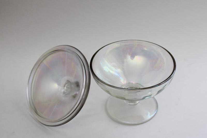 vintage candy dish / lid, opal white iridescent stretch glass or carnival glass