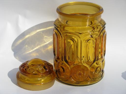vintage canister jars set, moon and stars pattern amber glass canisters