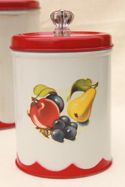 vintage canister set tins w/ 1950s retro fruit print, kitchen counter canisters