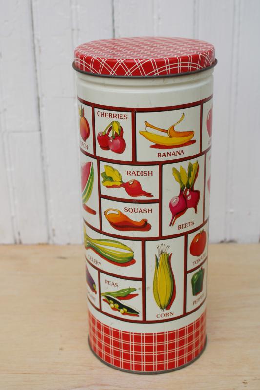vintage canister tin for spaghetti or pasta, 70s kitchen print plaid w/ vegetables