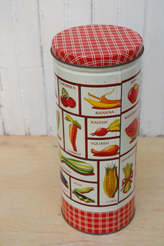 vintage canister tin for spaghetti or pasta, 70s kitchen print plaid w/ vegetables