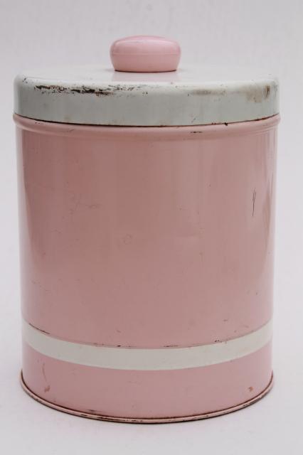 vintage canister tins, shabby chic pink, white, gold rustic farmhouse storage canisters