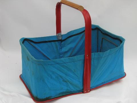 vintage canvas folding shopping basket, farmer's market / picnic tote