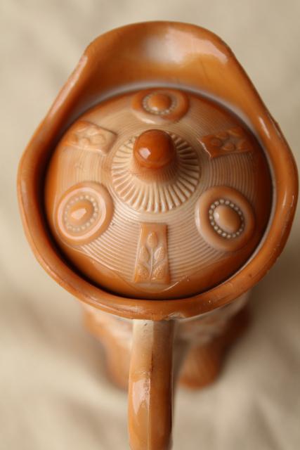 vintage caramel brown slag glass pitcher w/ lid, Fenton cactus pattern reproduction