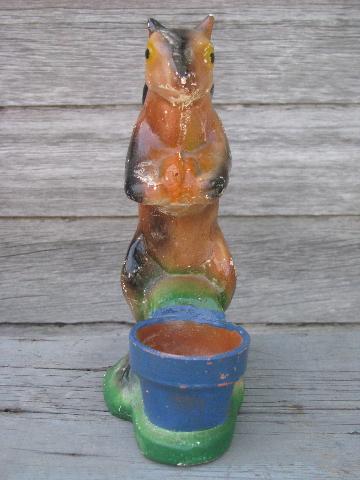 vintage carnival chalkware, old painted plaster chipmunk w/flower pot