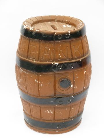 vintage carnival chalkware piece, large wooden barrel savings bank