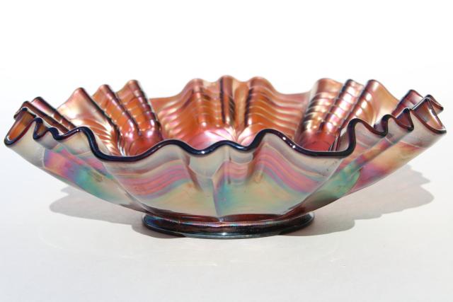 vintage carnival glass bowl, Fenton peacock tail drape pattern, violet iridescent glass