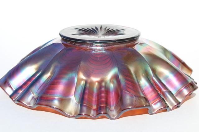 vintage carnival glass bowl, Fenton peacock tail drape pattern, violet iridescent glass