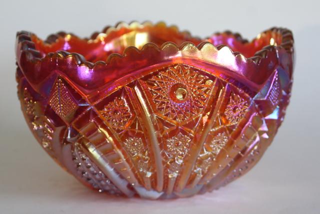 vintage carnival glass bowl, marigold orange luster heirloom or heritage sunburs