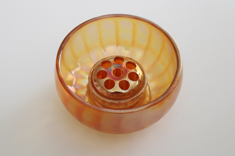 vintage carnival glass flower frog  rose bowl vase, marigold orange luster