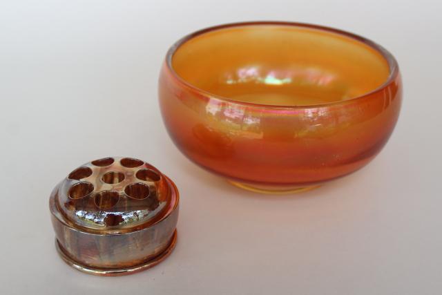 vintage carnival glass flower frog & rose bowl vase, marigold orange luster fall color