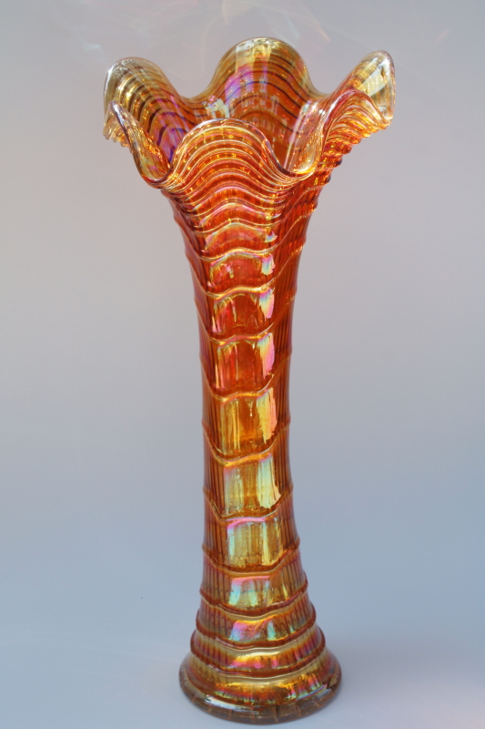 vintage carnival glass vase, marigold orange iridescent Imperial glass big tall swung vase