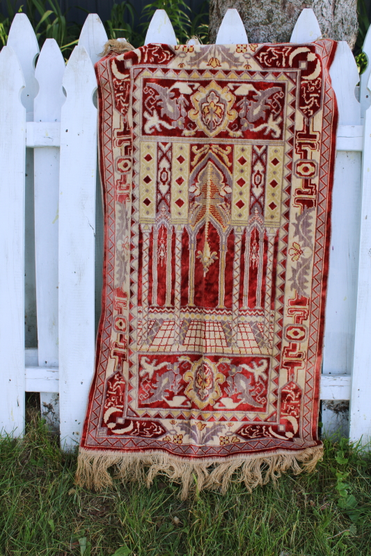 vintage carpet, silky rayon velvet w/ fringe prayer rug or wall hanging tapestry