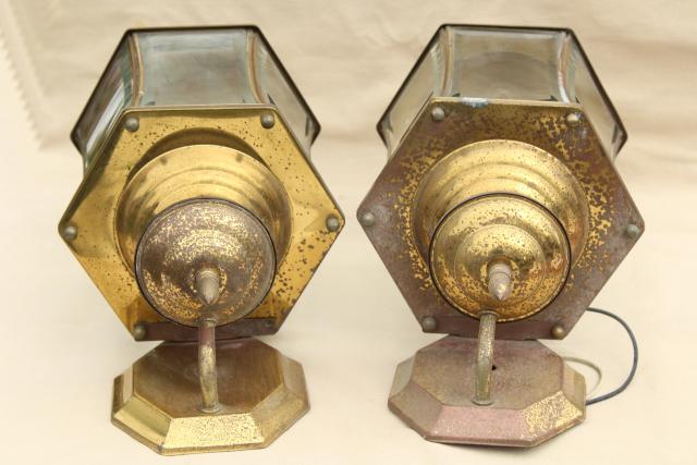 vintage carriage house porch entry lights, pair solid brass lamps w/ curved beveled glass