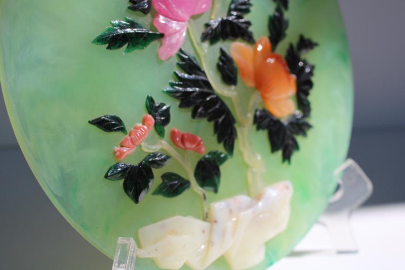 vintage carved plastic picture, Chinese tree peonies faux gemstone jade carving