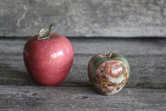vintage carved stone apples, red & green marble onyx paperweights or rustic decor