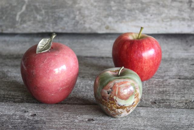 vintage carved stone apples, red & green marble onyx paperweights or rustic decor