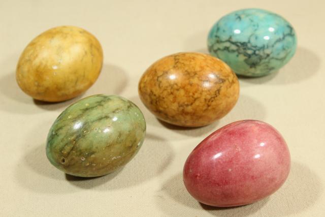 vintage carved stone egg collection, Italian marble dyed colored Easter eggs