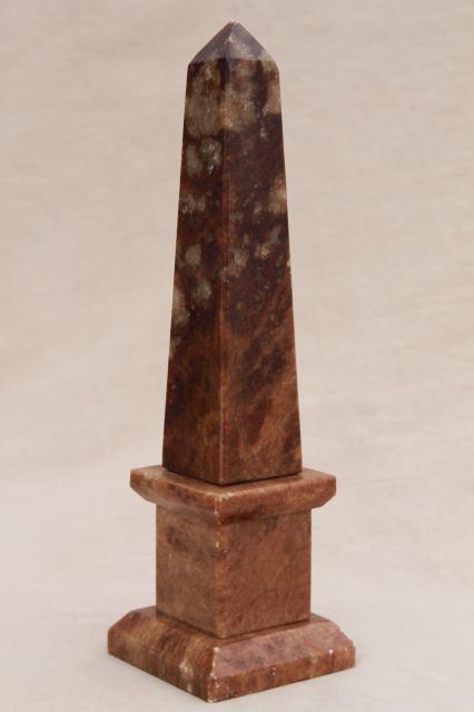 vintage carved stone obelisk, brown marble Italian alabaster sculpture or book end