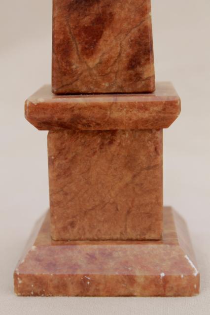 vintage carved stone obelisk, brown marble Italian alabaster sculpture or book end