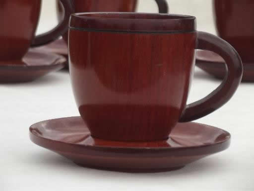 vintage carved wood cups & saucers set, old wooden teacups for 4