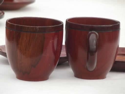 vintage carved wood cups & saucers set, old wooden teacups for 4