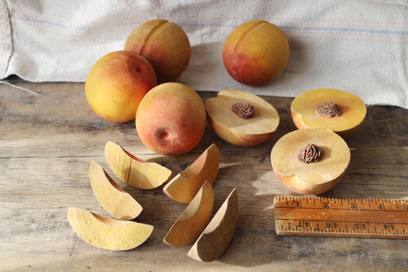 vintage carved wood fruit, peaches w/ peach pits  slices, rustic still life kitchen decor