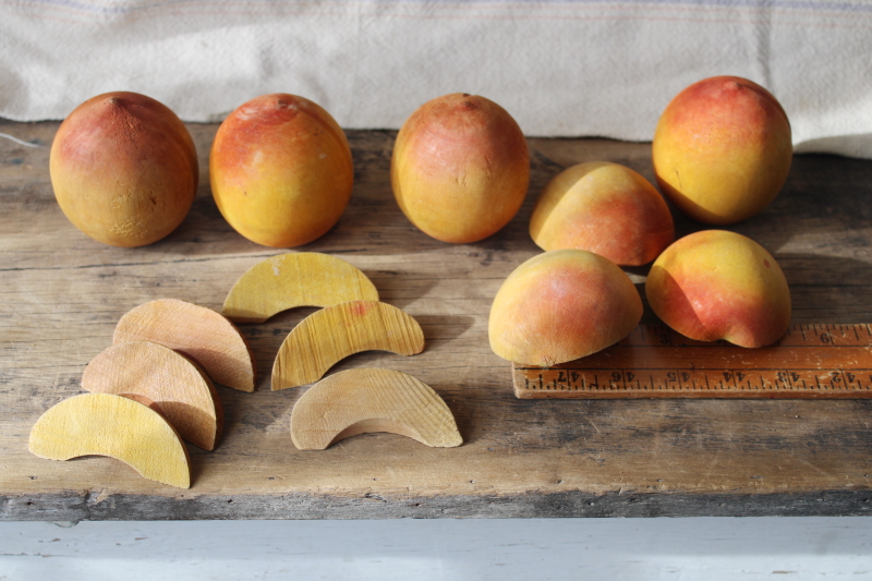 vintage carved wood fruit, peaches w/ peach pits  slices, rustic still life kitchen decor