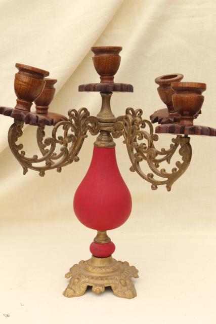 vintage carved wood & ornate brass candelabra, gypsy bohemian retro candle holder