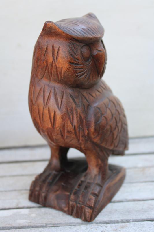 vintage carved wood owls, great horned owl family rustic fall halloween decor