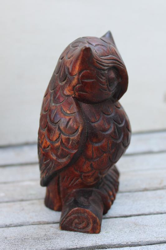 vintage carved wood owls, great horned owl family rustic fall halloween decor