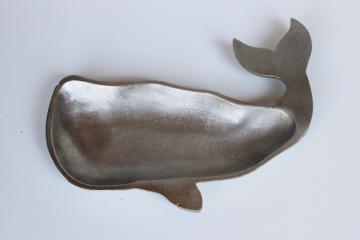 vintage cast aluminum whale, metal trinket dish for coins or keys, preppy style coastal decor