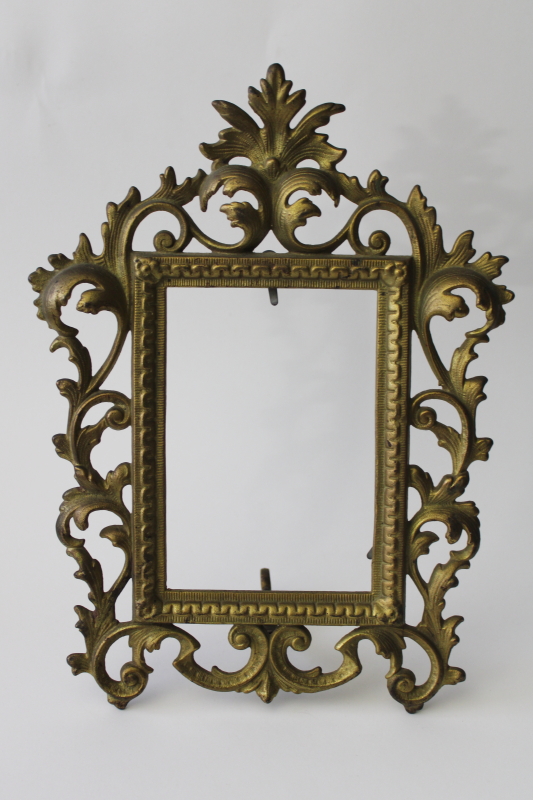 vintage cast brass easel picture frame, ornate acanthus leaf scrolls