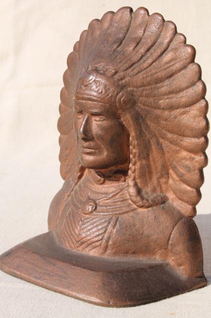 vintage cast iron bookends, Native American Indian chief pair of Indians book ends