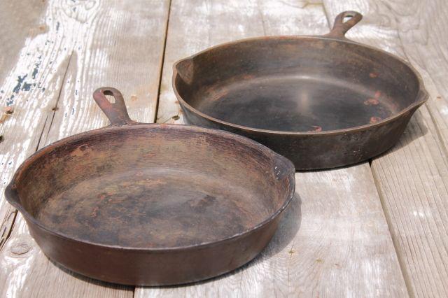 vintage cast iron cookware, large frying pan skillets or chicken fryers